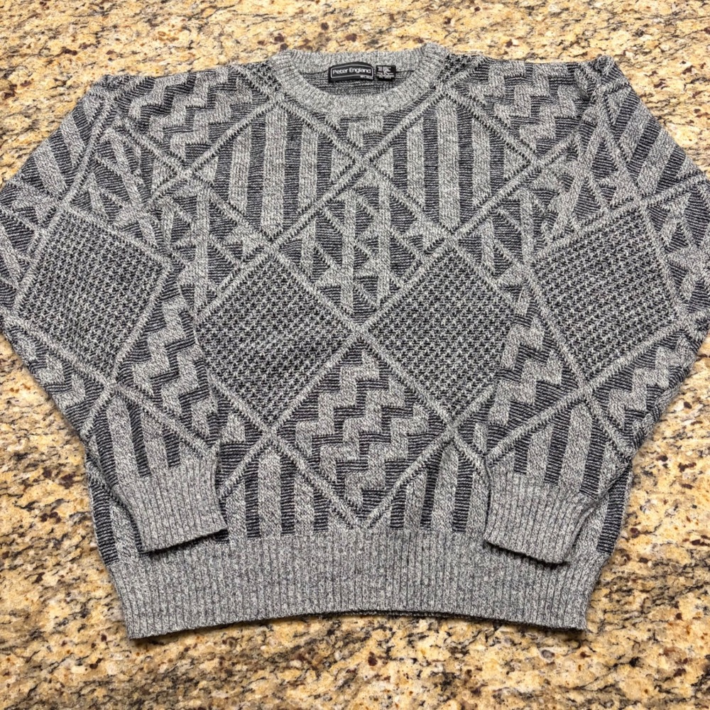 Peter England Vintage Mens XL Geometric Knit Sweater Gray Wool Blend Crewneck v